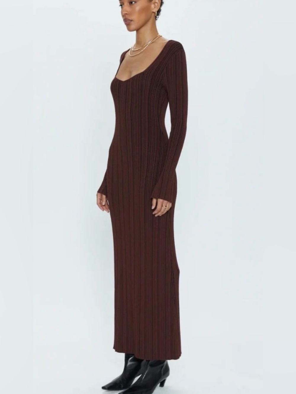 pistola Chocolate Ribbed Scoop-Neck Long Sleeve Maxi Dress
